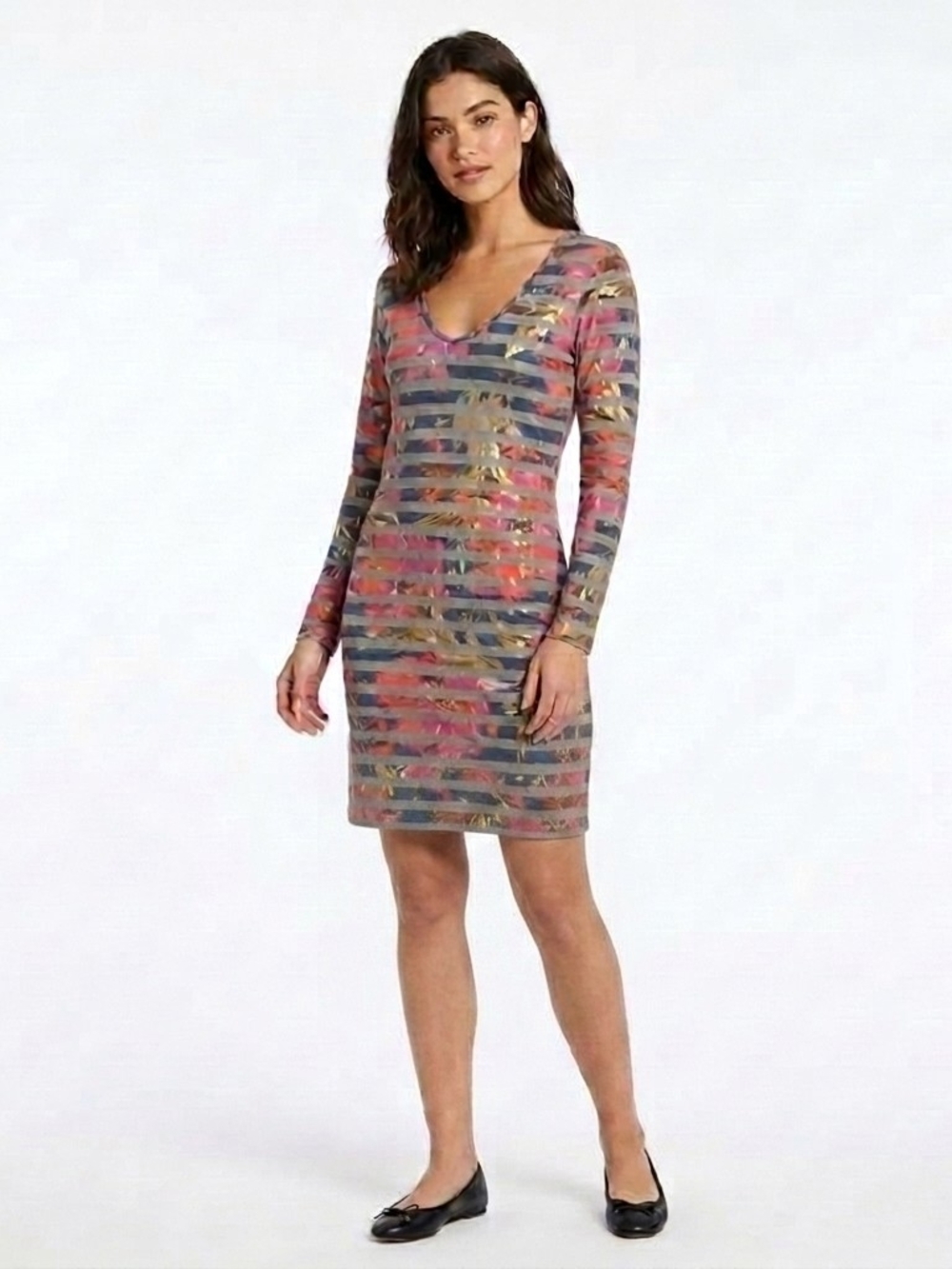 Trina Turk Artsy Maximalist Striped Floral V Neck  Shift Midi Dress Size L NWOT